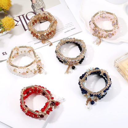 FIBO STEEL 6 Sets Bohemian Stackable Bead Bracelets for Women Stretch Multilayered Bracelet Set Multicolor Jewelry,Big Beads Elegant Style
