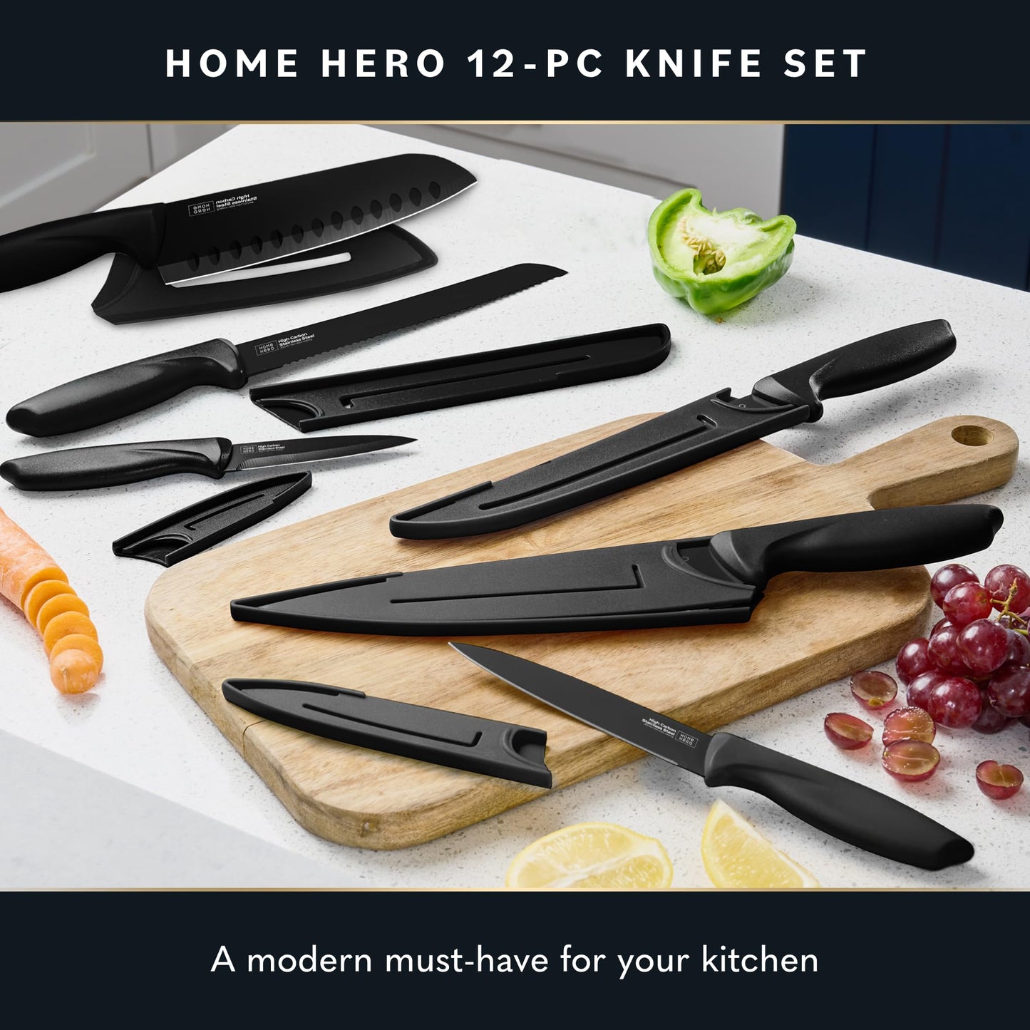 Home Hero Kitchen Knife Set with Sharpener - High Carbon Stainless Steel Knife Block Set with Ergonomic Handles (20 Pcs - Acrylic Black)