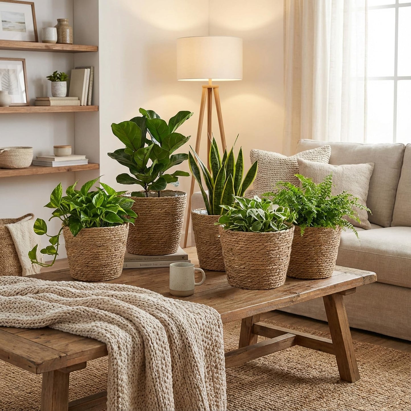 PEDOBALI 5 Pcs Large Premium Seagrass Planter Basket 10.2x7.5x7 Stylish Planter Baskets Woven Wicker Baskets with Plastic Lining for Indoor Outdoor Flower Plants Pots Cover Room Decor