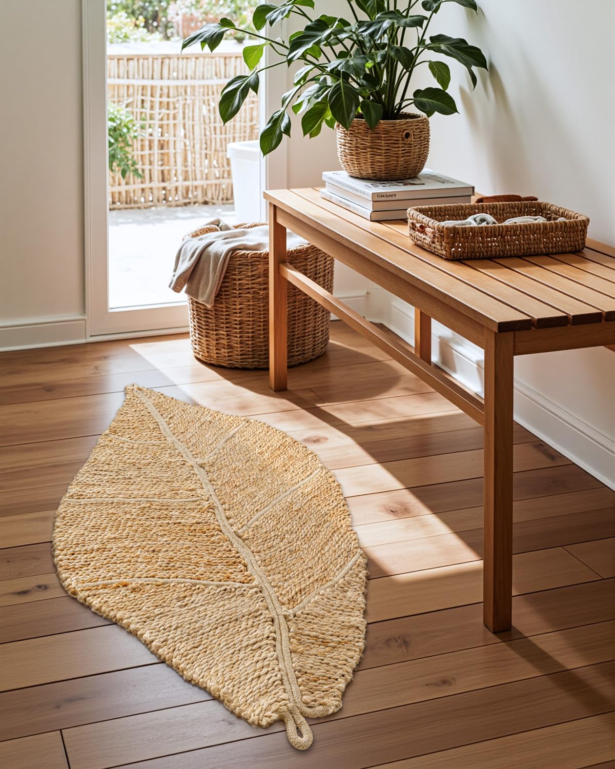 DEXI Jute Door Mat Inside Entryway Braided Woven, 36x24 Front Entrance Doormat Inside Leaf Shaped, Welcome Natural Fiber Entry Mats Farmhouse Home Decor, Beige