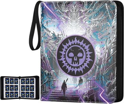 720 Pockets Round Ring Trading Card Binder, 9-Pocket Clear Zipper Card Album with Wrist Strap, Holds 720 Standard TCG Cards Compatible with Sports Baseball Football Game Cards (Purple Print)
