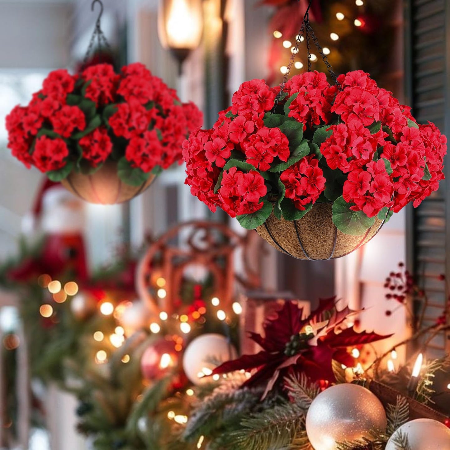 Hananona 2 Set Artificial Red Geraniums Flowers for Outdoors with Hanging Baskets, 2 Hanging Planters with 12 Pcs Red Geranium Flowers for Christmas Front Porch Garden Patio Home Decor (2, Red)