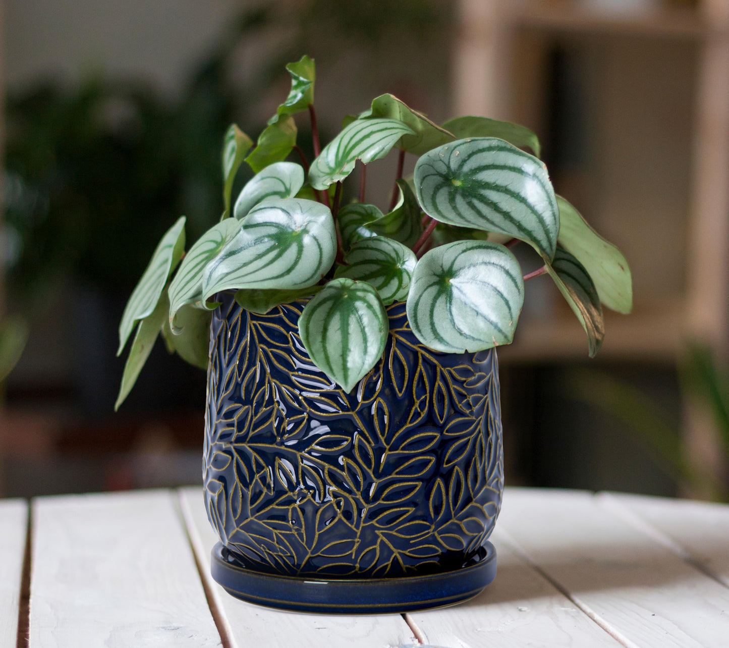 D'vine Dev 5 Inch Embossed Leaves Stoneware Planter Pot with Drainage Hole and Saucer, Midnight Blue, Set of 2, 27-F-V-3