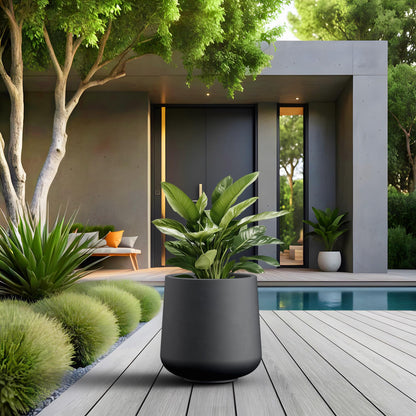 Kante Round Concrete Planter, 13-Inch Dia Barrel-Style Garden Pots with Drainage Hole for Home, Patio and Garden, Flower and Tree Planter (10.2" Opening), Black