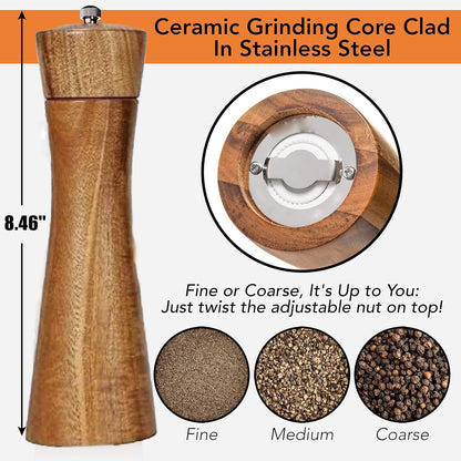 MNADSFKJ 2 Pack Acacia Wooden Salt and Pepper Grinder Set Refillable Salt and Pepper Mills Adjustable Coarseness, Acacia Wood with Ceramic Core Peppercorn Shaker Tableware Birthday Gifts