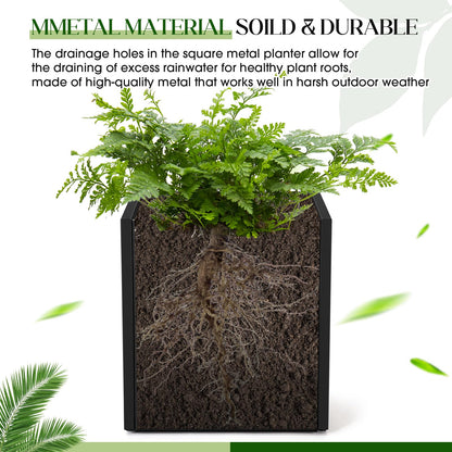 RimCereal 1 Pcs Extra Large Black Square Planter Box Outdoor 17" L x 17" W x 18" H Heavy Galvanized Steel Planters with Drainage Holes Divider for Patio Porch Tall Plants