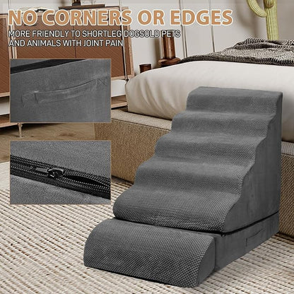 Dog Stairs for High Beds 30-36 inches Tall, 6-Step Pet Stairs/Steps for High Bed 32-36 inches for Small Large Dogs, Foam Dog Steps for Beds for Old Dogs/Cats, Dark Grey