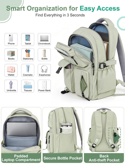 FIORETTO School Backpack for Teen Girls & Women with Compartment, Lightweight School Bag Bookbag with Multiple Pockets, Ideal for Middle High School, College, Travel, Green 25L