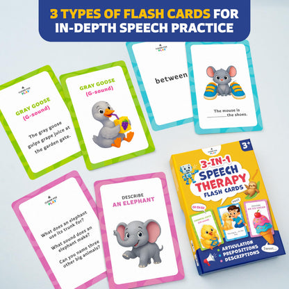 Clever Fox Play 3-in-1 Speech Therapy Flash Cards for 3+ Year Olds – Toddler Learning Flash Cards for Speech Therapy Materials – 45 Articulation, Description & Preposition Cards for Preschool