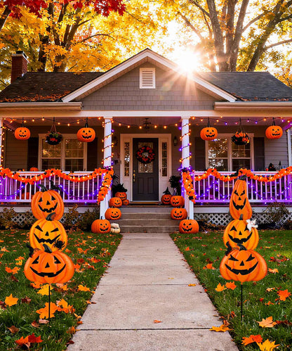 Beterzack 2 Pack Halloween Garden Stakes - Stacked Metal Pumpkins Jack-o-Lantern Lawn Decor, Scary Metal Yard Signs Stake Outdoor Decorative Pumpkin Home Lawn Pathway Decor