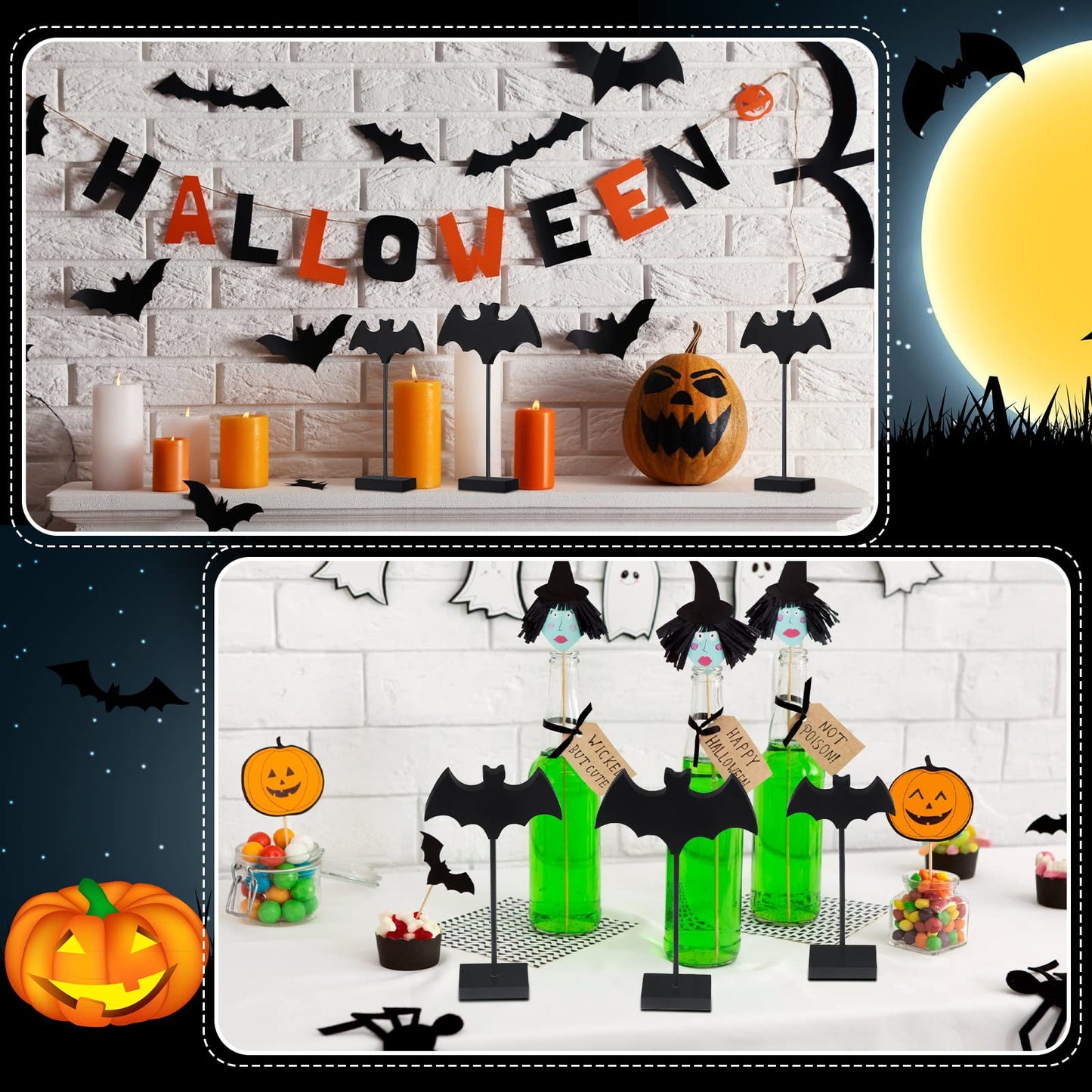 Shellwei 3 Pieces Halloween Wood Table Decor Bat Wooden Table Topper Sign Fall Tall Standing Wooden Centerpiece for Halloween Party Favor Home Room Decor(Black)