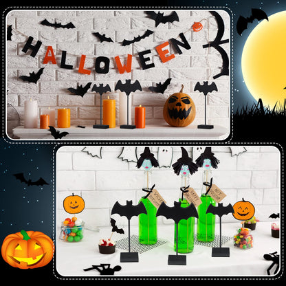 Shellwei 3 Pieces Halloween Wood Table Decor Bat Wooden Table Topper Sign Fall Tall Standing Wooden Centerpiece for Halloween Party Favor Home Room Decor(Black)