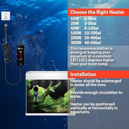 AquaMiracle Upgraded 15W Small Aquarium Heater Fish Tank Heater Turtle Heater Super Mini Aquarium Heater, Dry-Run/Overheating Protection and Memory Function, Dual LED Display, for 1-3 Gal Tanks