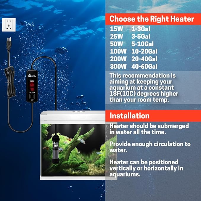 AquaMiracle Upgraded 100W Small Aquarium Heater Fish Tank Heater Turtle Heater Super Mini Aquarium Heater, Dry-Run/Overheating Protection and Memory Function, Dual LED Display, for 10-20 Gal Tanks