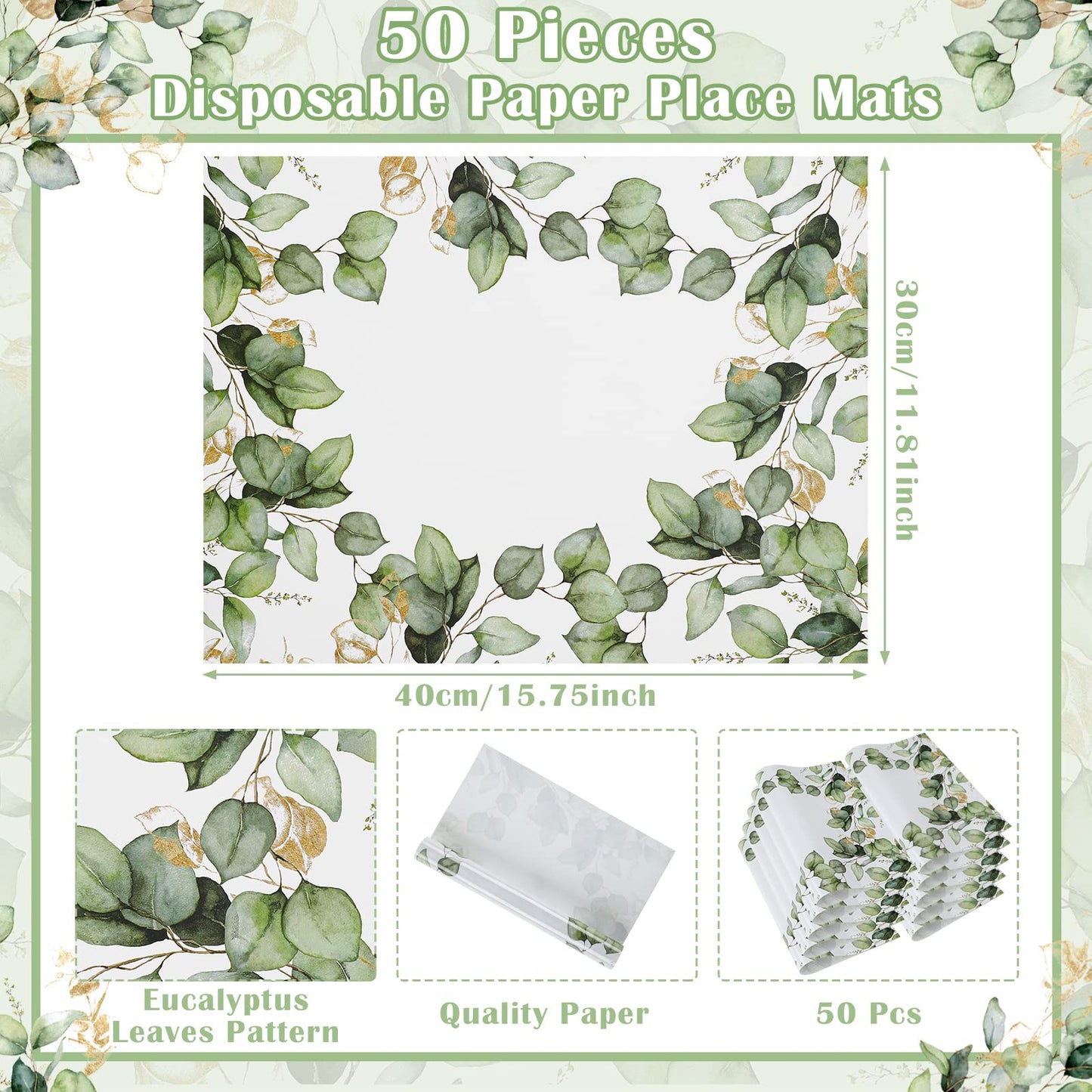 Sumind 50 Pcs Disposable Paper Placemat Greenery Eucalyptus Table Mat for Wedding Party 12 x 16" Summer Dinner Place Mat Rustic Farmhouse Dinnerware for Kitchen Baby Shower Birthday Tea Party
