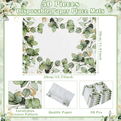 Sumind 50 Pcs Disposable Paper Placemat Greenery Eucalyptus Table Mat for Wedding Party 12 x 16" Summer Dinner Place Mat Rustic Farmhouse Dinnerware for Kitchen Baby Shower Birthday Tea Party