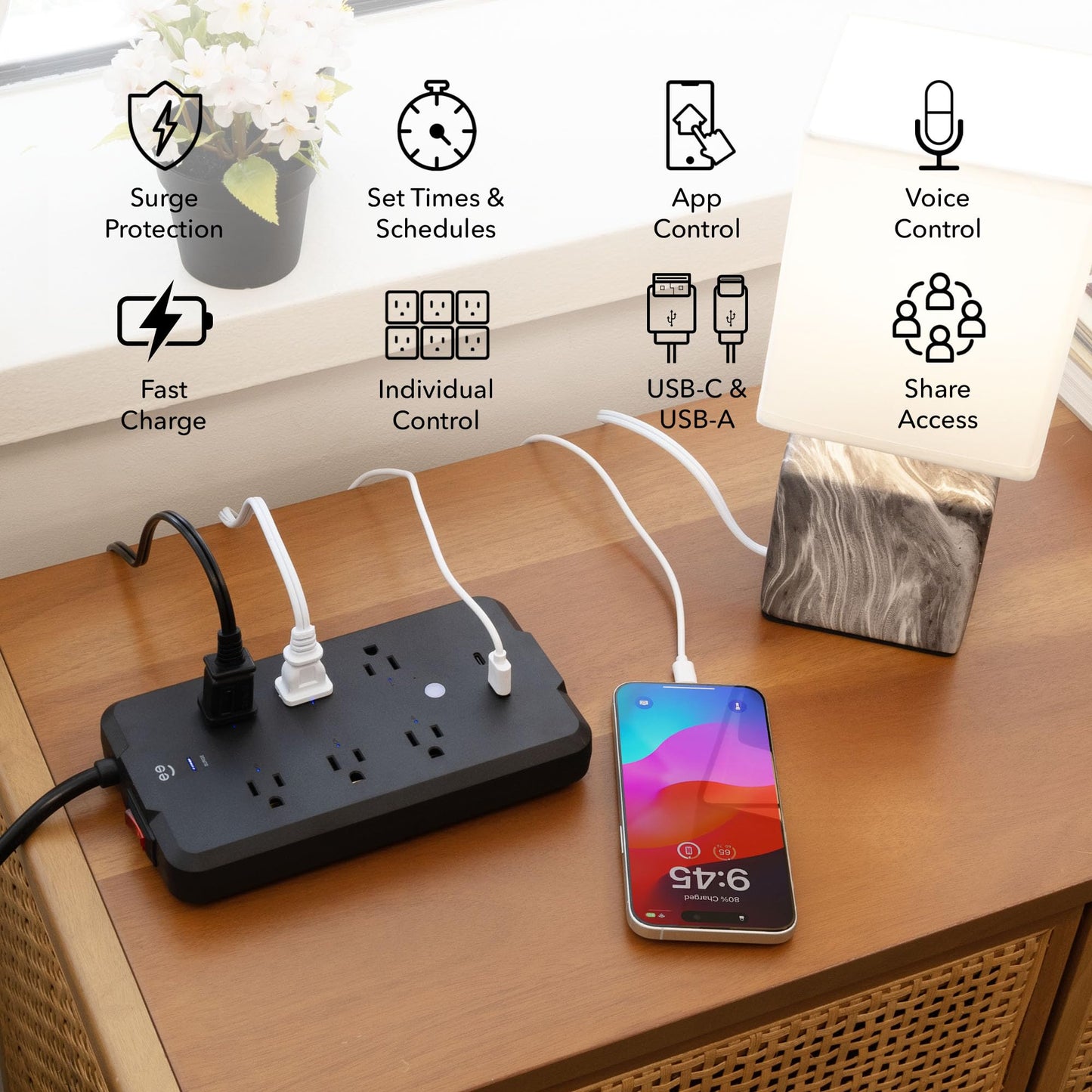 Geeni Smart Plug Power Strip, 6 Outlets and 2 USB Ports, 6 ft. Cord, Surge Protector with Voice Control, WiFi Control, Compatible with Alexa & Google Home, No Hub Required, Black