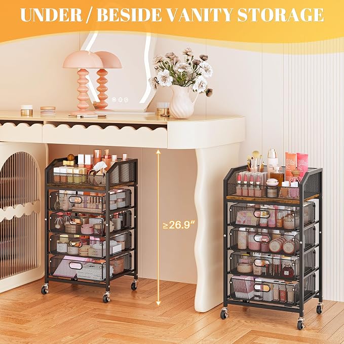 SUNALLY Makeup Organizer Cart with 4 Drawers, Rolling Makeup Storage Cart Metal Skincare Organizers, Large Vanity Storage Organizer Cosmetics Display Cases for Skin Care Perfume Nail Polish, Black