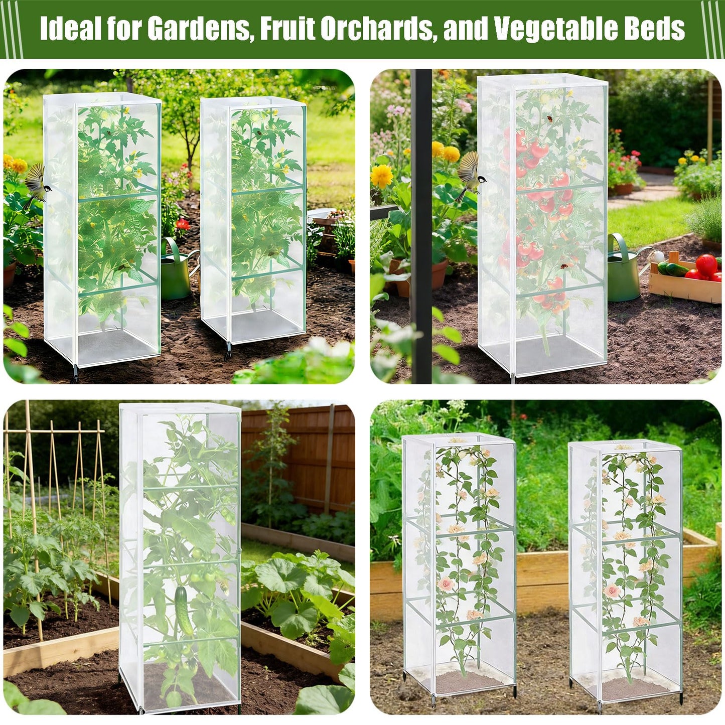 Ukontagood 8 Pack Garden Bird Netting Plant Cover for Square Tomato Cage, 59" x 17.7" Garden Netting Barrier Mesh with Drawstring Ultra Fine Plant Cover for Protecting Plants