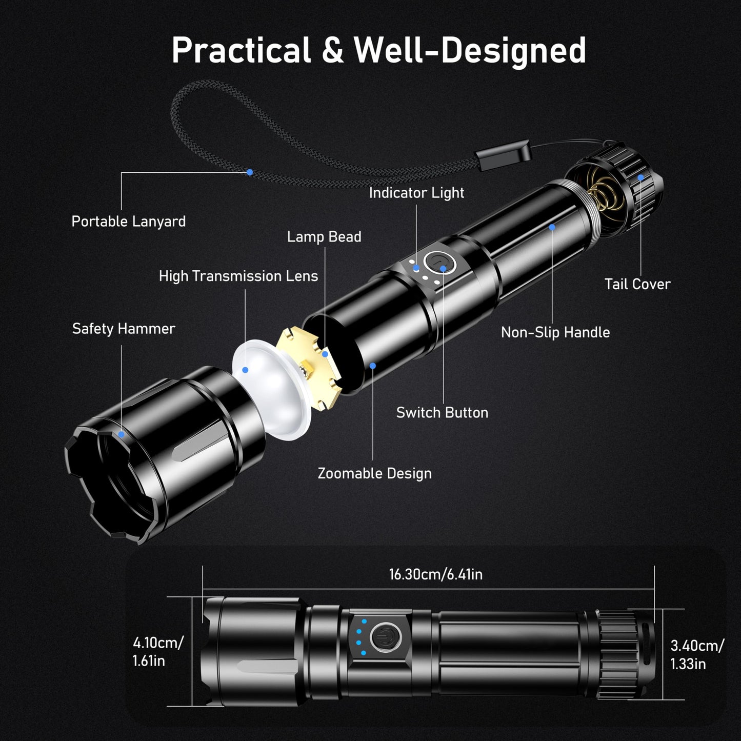 Blukar Rechargeable Flashlight High Lumens, Super Bright LED Powerful Tactical Torch - 5 Light Modes, Zoomable, Long Lasting, Waterproof Handheld Flash Light for Emergency, Camping, Hiking