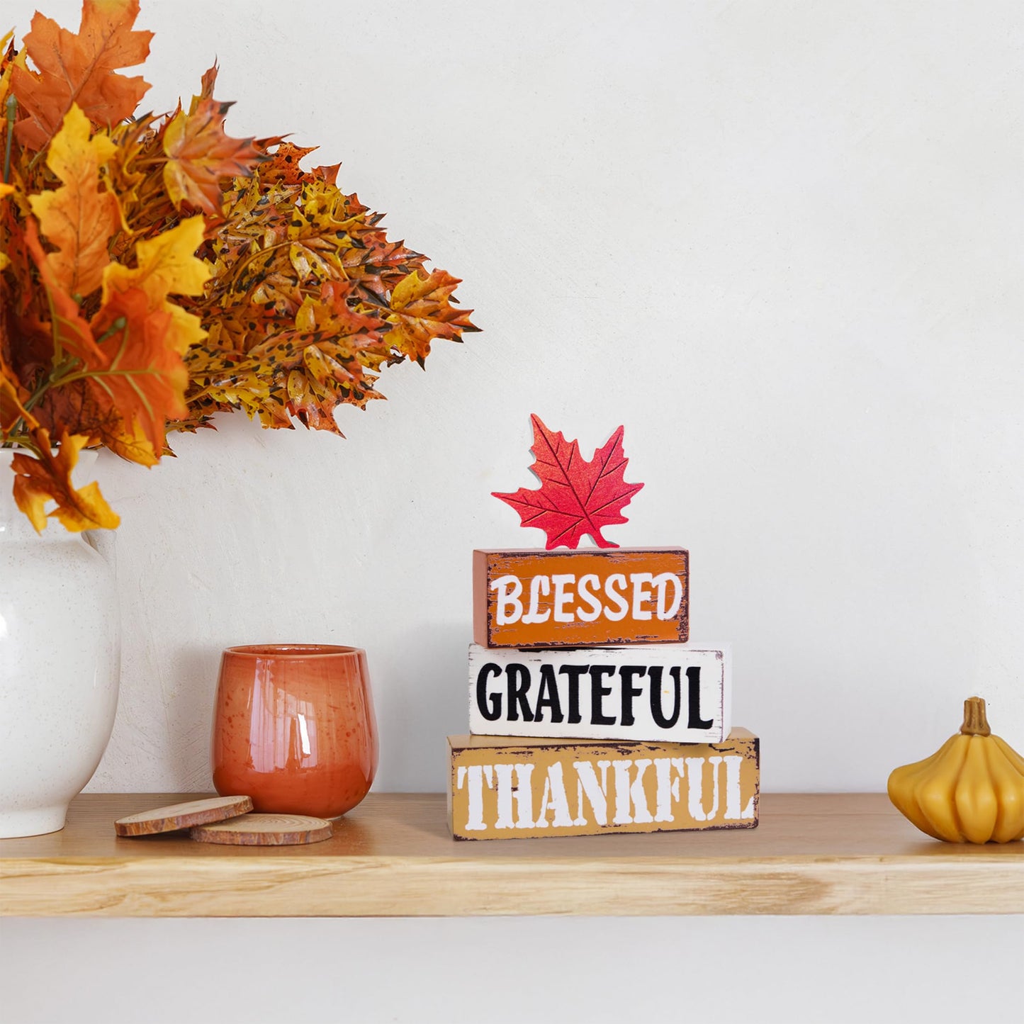 OLANRUN Thanksgiving Fall Decorations for Home, 4 PCS Wooden Fall Table Decor with Letter, Handmade Crafts Autumn Thanksgiving Decor Indoor for Office Farmhouse Home Bedroom Kitchen Mantel Tiered Tray