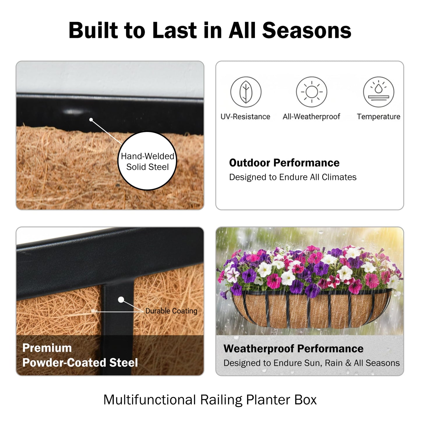 KIDYBELL 24“ Window Box Railing Planter with Coco Liner Metal Wall-Mounted Coconut Liner Planter Basket English Horse Trough Planters for Outdoor Deck Balcony Porch Fence Patio Black (2 Pack)