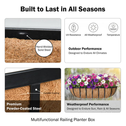 KIDYBELL 24“ Window Box Railing Planter with Coco Liner Metal Wall-Mounted Coconut Liner Planter Basket English Horse Trough Planters for Outdoor Deck Balcony Porch Fence Patio Black (2 Pack)