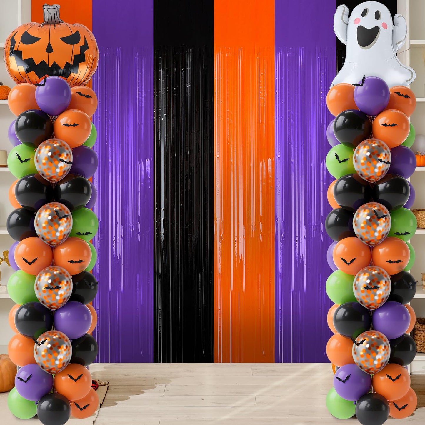 2 Sets Halloween Balloon Column Stand Kit 3.3 X 6.6 ft Photo Backdrop With Ghost Pumpkin Balloon Black Orange Purple Green Balloons with Bases for Halloween Day Theme Party Decorations