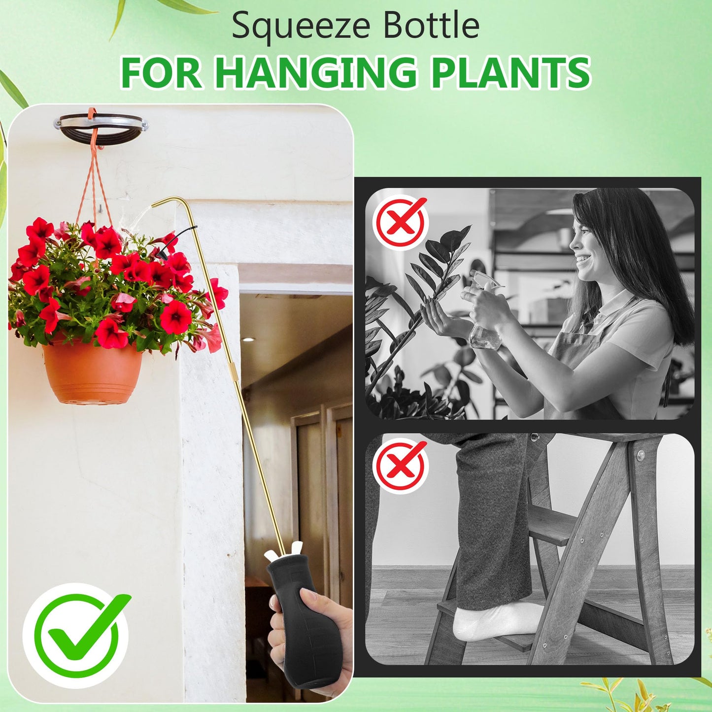 Squeeze Bottle for Hanging Plants, 19" Long Spout Plant Watering Bottle, Easy Squeeze Indoor/Outdoor Watering Can Alternative, Precise Sprinkling for Hanging Baskets, Houseplants(Black,8 oz,1 Pack)