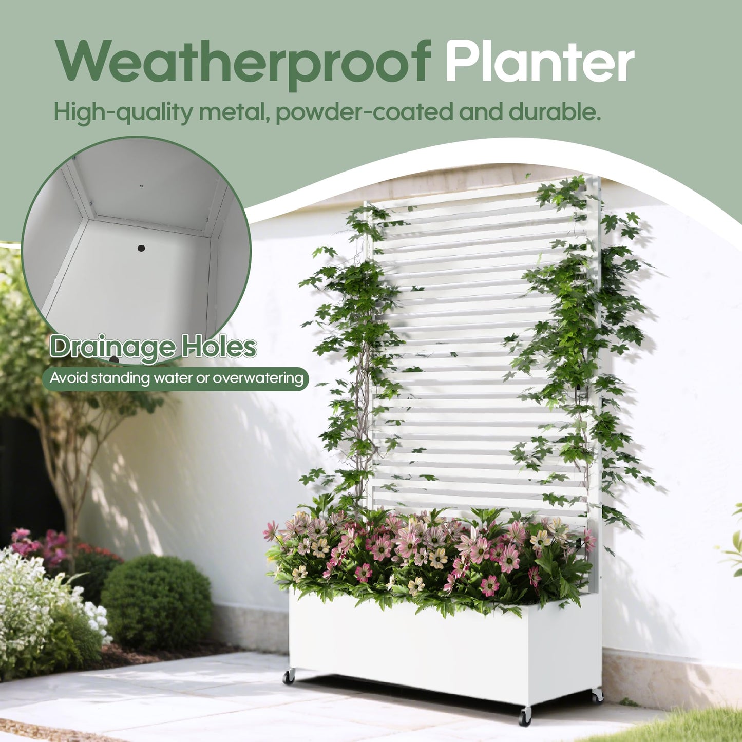 Sunnibety Metal Planter Box with Trellis Privacy Screen, Raised Garden Bed with Trellis & Wheels, Privacy Planters for Patio, Planter Box with Drainage Holes for Climbing Plants, 73"x 47"x 16", White