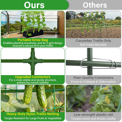 Sunwinx Garden Cucumber Trellis for Climbing Plants Outdoor with Grow Bag, 65x50 Inch Large U-Shaped Cucumber Trellis for Raised Bed, Metal Arch Plant Trellis for Vegetable Grape Pea Bean Vine Squash