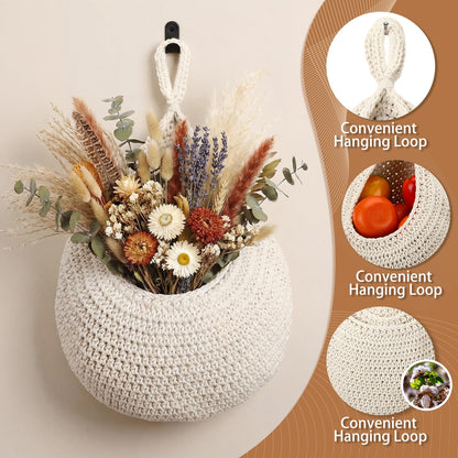 LemonRoad Boho Decor Hanging Wall Fruit Baskets for Kitchen 9 Pack Woven Teardrop Produce Baskets with 9 Pcs Strong Hooks 3 Sizes Hanging Storage Vegetable Potato Onion for Home, White, Linen, Jute