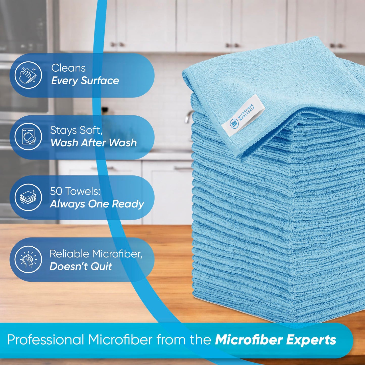 Microfiber Wholesale 16" x 16" All Purpose Towels - 50 Pack - Reusable Wash Cloths, Dust, Kitchen, Car, Shop Rags for Cleaning (Blue)