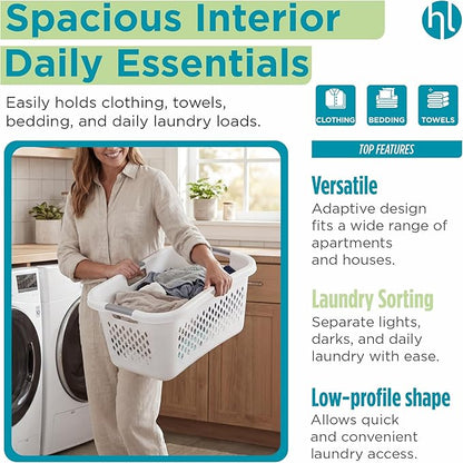 Home Logic 1.5 Bushel Plastic Laundry Basket Front Load, Large Laundry Hamper with Handles, Ventilated Clothes Organizer for Bedroom Bathroom Closet, 2 Pack, White