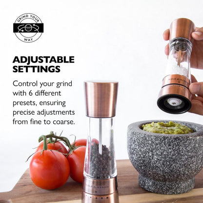 Cole & Mason Derwent Salt & Pepper Mill Gift Set - Refillable Seasoning and Spice Tools - Adjustable Grinder Settings - Copper With Salt and Pepper Tray