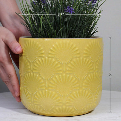 Xiaan Jiaju Boho Embossed Ceramic Planter, 6.7 Inch Contemporary Flower Pot for Indoor Plants, Bohemian Chic Decorative Glazed Plant Pot with Fan Texture, Butter Yellow