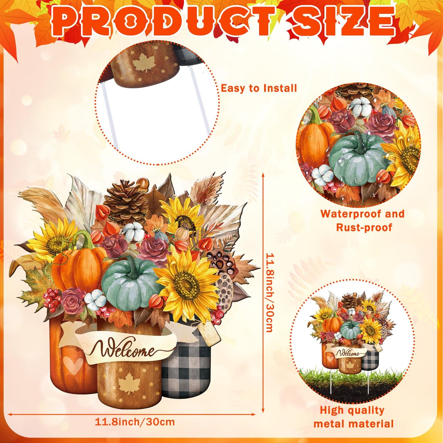 Memorywuu Metal Thanksgiving Decoration Fall Pumpkin Mason Jar Yard Sign Stake 14.2 Inch Autumn Welcome Sunflower Outdoor Yard Decor for Autumn Harvest Outside Lawn Decorations Garden Patio Walkway