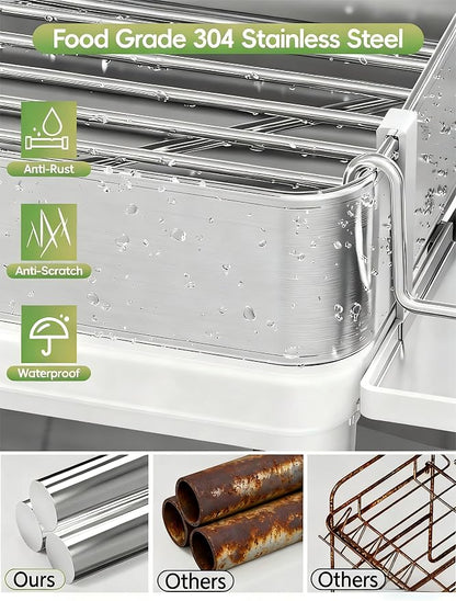 Dish Racks, Thicker Premium 304 Stainless Steel Dish Drying Rack for Kitchen Counter, Automatic Drainage Spout, Dish Drainer & Drainboard Set with Utensil Holder and Cup Holder, White