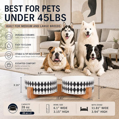 Petygooing Ceramic Dog Cat Bowl Set with Stand, Pet Food and Water Dishes,Small Dog Bowls Anti-Slip Set of 2 Cat Bowls-Pet Food Bowl- Pet Dish Small Medium Size Pet (28OZ/6.1 in) Black Rhombus