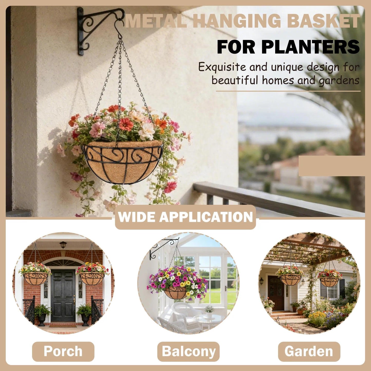 KIDYBELL Metal Hanging Planters Basket Set of 2 Outdoor with Coco Fiber Liners Chain Hanging Basket Suitable for Vegetables Flower Heavy Duty Round Plant Holder Garden Balcony Patio Deck Porch Decor