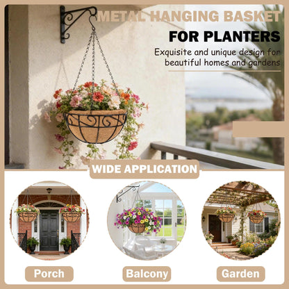KIDYBELL Metal Hanging Planters Basket Set of 2 Outdoor with Coco Fiber Liners Chain Hanging Basket Suitable for Vegetables Flower Heavy Duty Round Plant Holder Garden Balcony Patio Deck Porch Decor