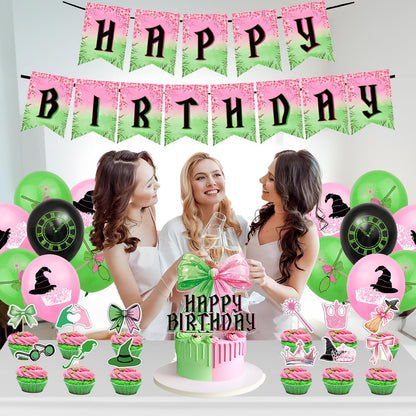Pink and Green Party Decorations Happy Birthday Banner Balloons Cupcake Toppers and Cake Toppers for Girls Women Baby Shower Princess Witch Birthday Party Decorations