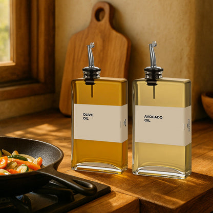 Spaceneat Olive Oil Dispenser Bottle - Includes 44 Kitchen Essential Labels - Cooking Oil Bottles for Kitchen, Coffee Syrup Dispenser - Pourer Spout with 11.8 fl oz Glass Container Cruet - 2pcs Silver