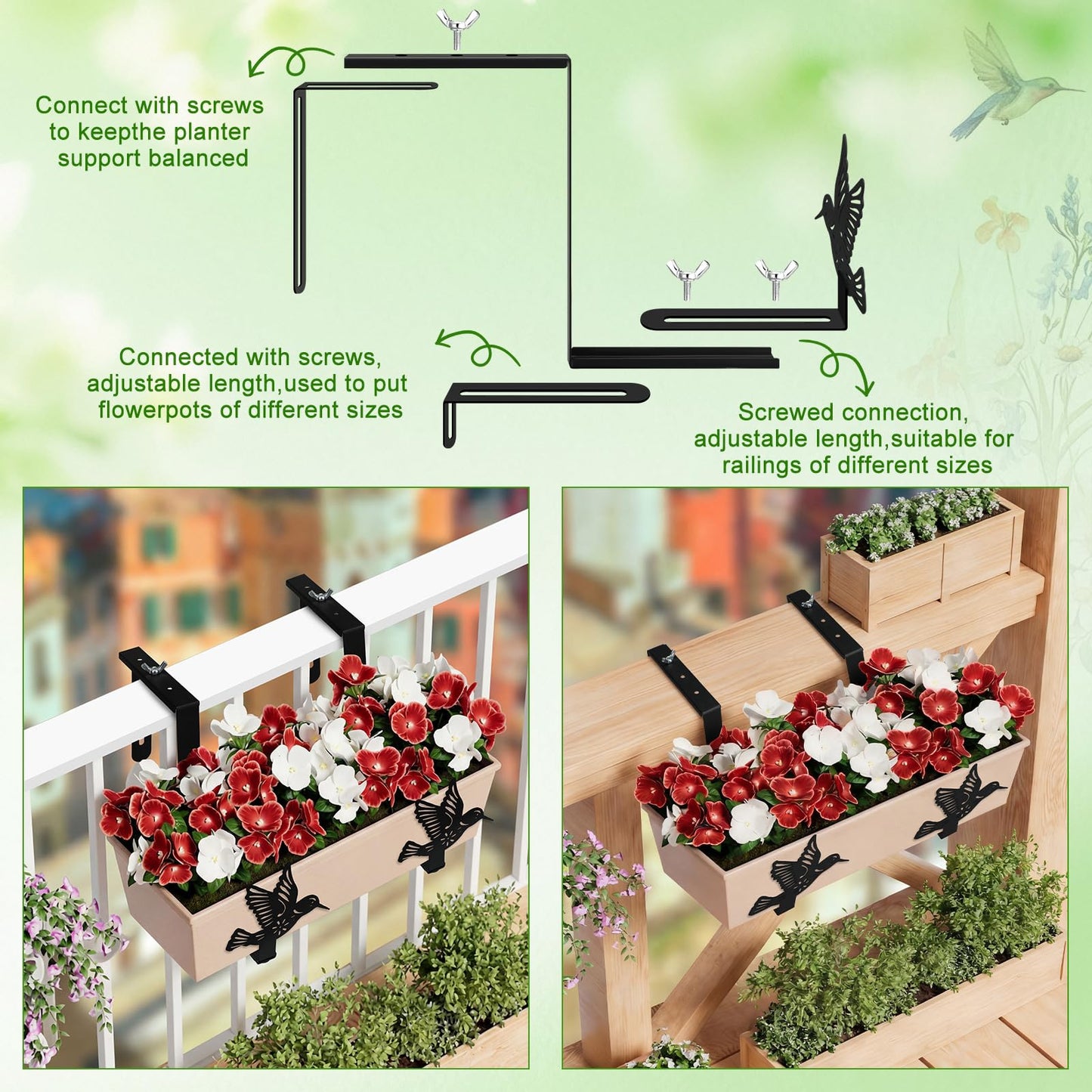 Chumia 4 Pcs Window Box Brackets Adjustable Planter Box Brackets for Railing with Hummingbird Heavy Duty Iron No Drill Flower Pot Holders for Outdoor Fence Balconie Patio Garden