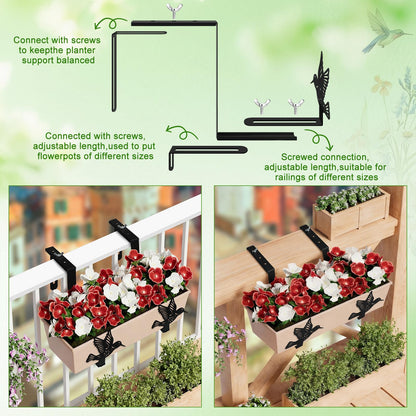Chumia 4 Pcs Window Box Brackets Adjustable Planter Box Brackets for Railing with Hummingbird Heavy Duty Iron No Drill Flower Pot Holders for Outdoor Fence Balconie Patio Garden