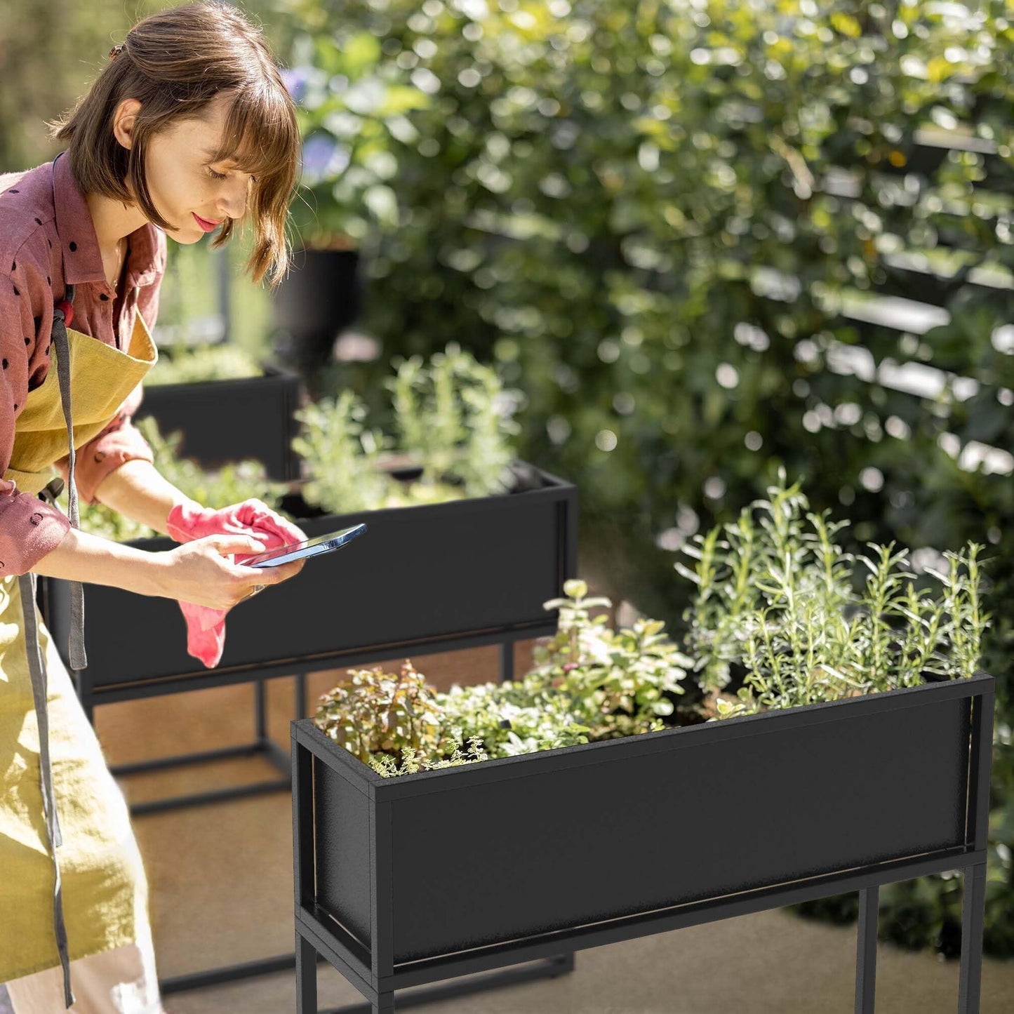 Cocoyard Metal Elevated Planter Box - 28" Raised Garden Bed with Legs for Indoor and Outdoor - Tall Rectangle Planter with Felt Liner, Drainage Holes and Plugs for Vegetables, Herbs and Flowers(Black)