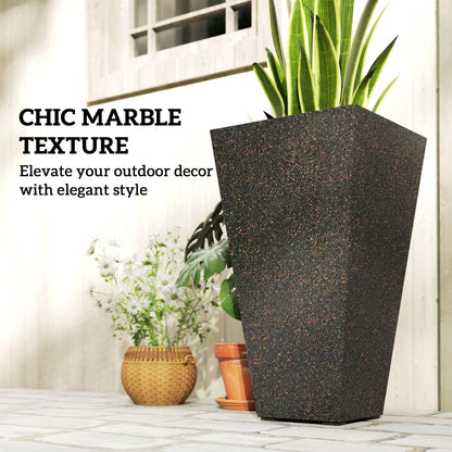 Outsunny 28 Inch Tall Planters for Outdoor Plants, Set of 3 Plastic Flower Pots with Marble Finish and Drainage Holes, Stackable Tapered Large Planters for Indoor Plants, Front Porch Decor, Brown