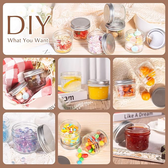 Amzcku 4 oz Glass Mason Jars with Regular Mouth Lids - 24-Pack Glass Canning Jars for Storage, Overnight Oats, Jam, Jelly, Honey, Beans, Spices, Wedding Favors, Shower Favors