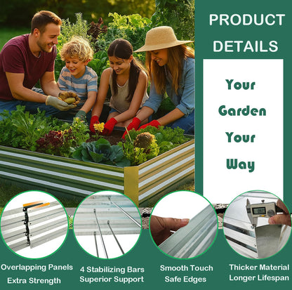 FOYUEE Galvanized Raised Garden Bed (8x4x1ft) – Overlapping 4-Inch Panels + 4 Support Bars, Heavy-Duty Metal Planter Box for Vegetables, Herbs, Flowers, No-Deformation Steel Garden Kit