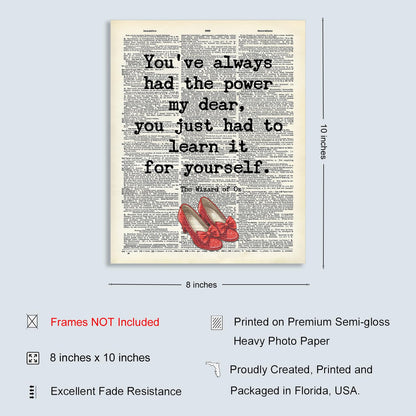 You've Always Had The Power, The wizard of oz Quote, Wicked the Good Witch Quote, Encouragement Christmas Gift for Daughter, Women, Teens, Girls Bedroom Wall Decor, Dictionary Art Print Unframed (8"x10")